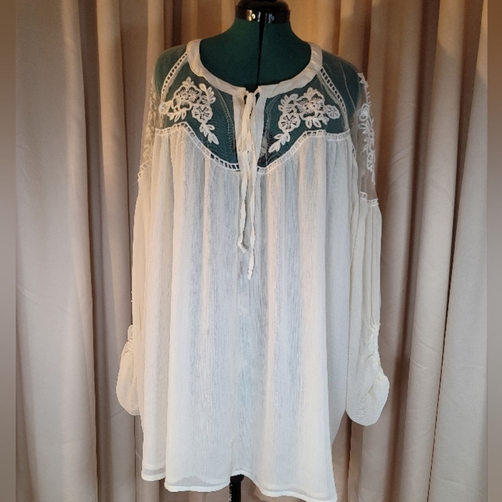 0881. Romantic Poet Shirt ~ Flowy Chiffon With Embroidery ~ Simply Beautiful